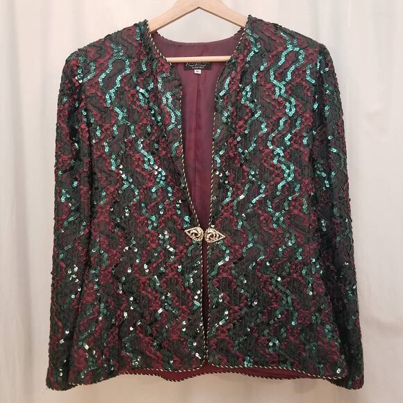VTG Lacey Sequin Jacket Union Tag Sz L Red Green Retro Elegant MOB Festive Glam - Picture 1 of 11